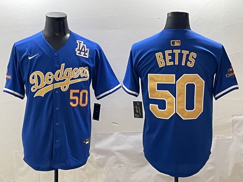 Men Los Angeles Dodgers 50 Betts Blue Champion gold character 2025 Nike MLB Jersey style 4122